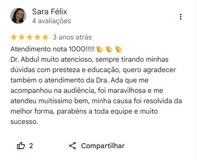 Depoimento 4 — avaliação Google de cliente do escritório Monteiro Rabelo Advocacia